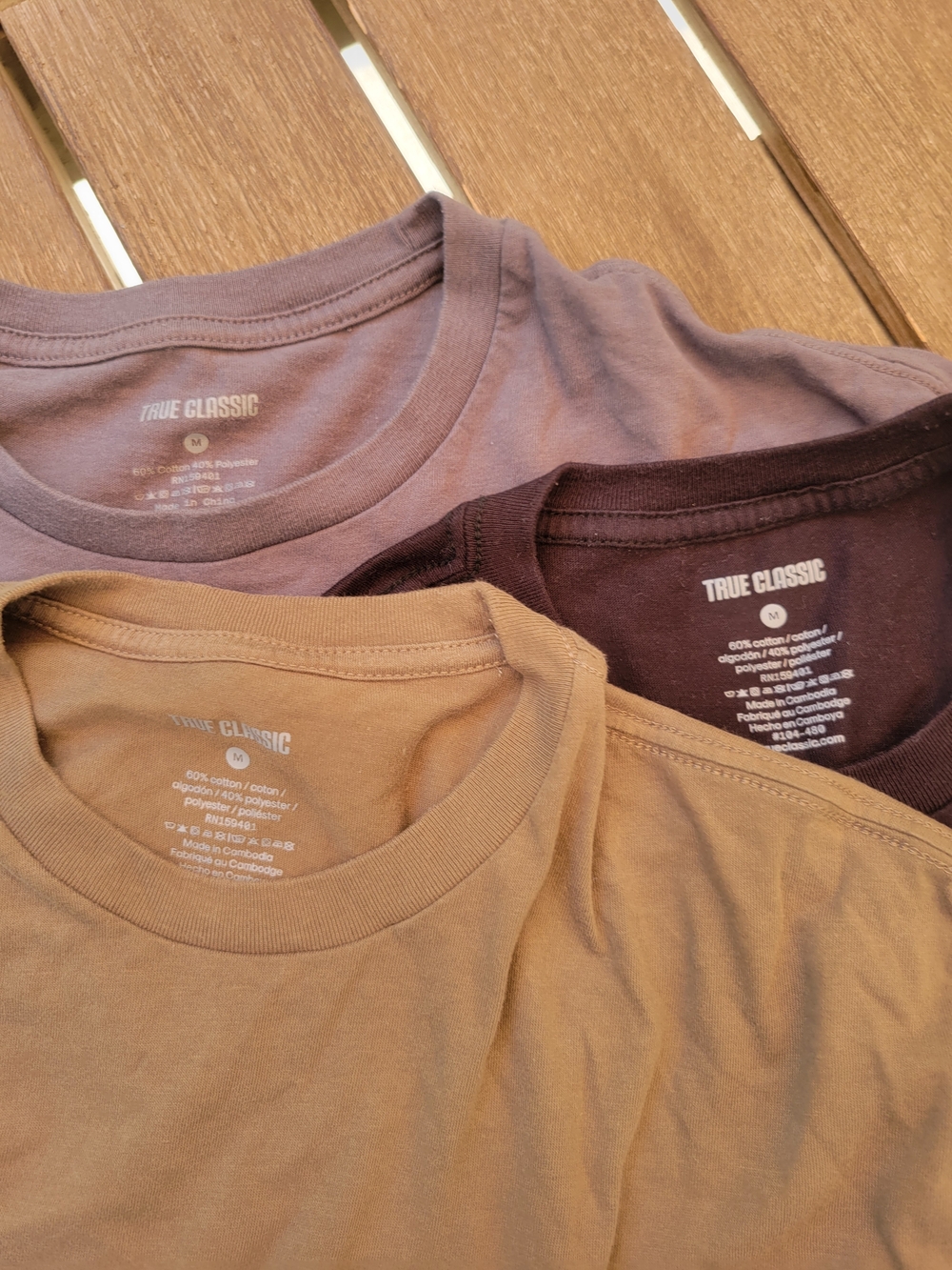 True Classic Men's Short Sleeve Crew Neck T-Shirt Trio — Tan, Brown, and Green